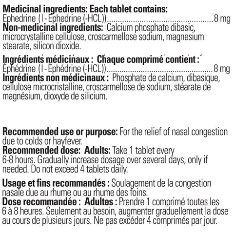 Synergenex Ephedrine HCL 8mg (Oral Nasal Decongestant) 50 Tablets